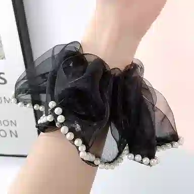 尚先生 气质网纱大肠圈韩版高级感丸子头头花 仿珍珠 发圈 女款 黑色/米色