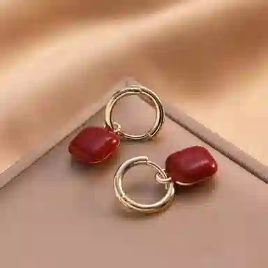 尚先生 高级感新年红色方块耳坠防丢失红豆相思 铜 耳环 女款