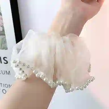 尚先生 气质网纱大肠圈韩版高级感丸子头头花 仿珍珠 发圈 女款 黑色/米色