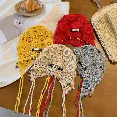 尚先生 波西米亚花朵流苏复古镂空民族风 针织 绒线帽 女款