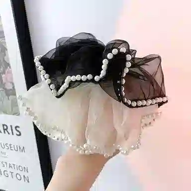 尚先生 气质网纱大肠圈韩版高级感丸子头头花 仿珍珠 发圈 女款 黑色/米色