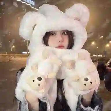 尚先生 小熊帽子秋冬季可爱百搭保暖毛绒一体连帽加绒加厚 聚酯纤维 斗篷帽 女款