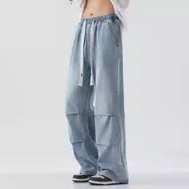 瑞梵帝斯 薄款垂坠感宽松废土风弯刀裤美式潮牌时尚复古百搭微喇水洗做旧直筒裤长裤高街牛仔裤 男款