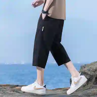 瑞梵帝斯 美式潮牌薄款速干凉感抽绳健身跑步宽松柔软户外运动吸汗透气弹力松紧中腰直筒七分裤休闲短裤 男款