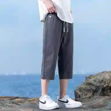 瑞梵帝斯 美式潮牌薄款速干凉感抽绳健身跑步宽松柔软户外运动吸汗透气弹力松紧中腰直筒七分裤休闲短裤 男款