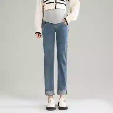 英氏 高腰宽松收紧直筒长裤牛仔裤 女款