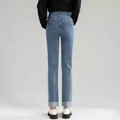 英氏 高腰宽松收紧直筒长裤牛仔裤 女款