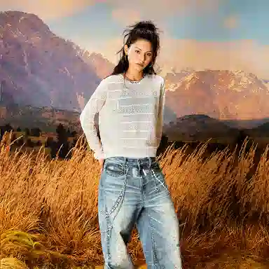 YADcrew Wheat Hollow Embroidered Pullover Sweater Off-White