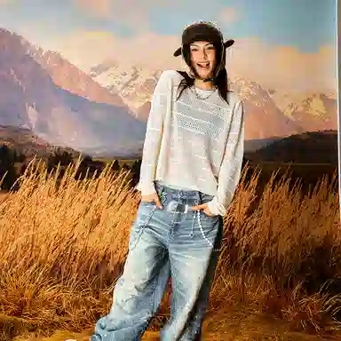 YADcrew Wheat Hollow Embroidered Pullover Sweater Off-White