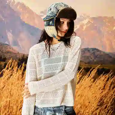 YADcrew Wheat Hollow Embroidered Pullover Sweater Off-White