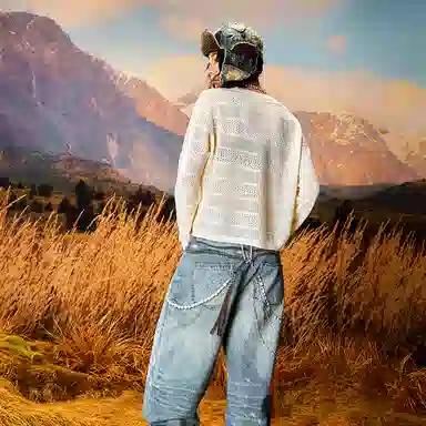 YADcrew Wheat Hollow Embroidered Pullover Sweater Off-White