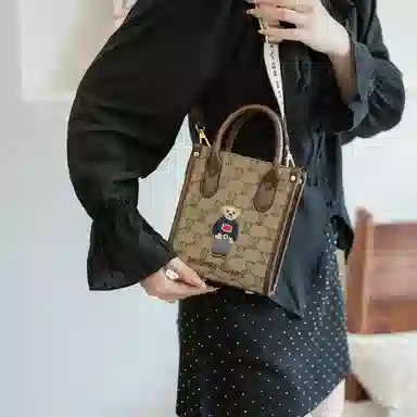 北包包 时尚百搭可爱小熊刺绣复古手提包 帆布 帆布包手机包 常规 女款 米白色/卡其色