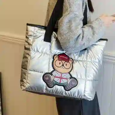 北包包 个性时尚洋气棉服包轻便托特包 尼龙布 单肩包 常规 女款 银色/黑色