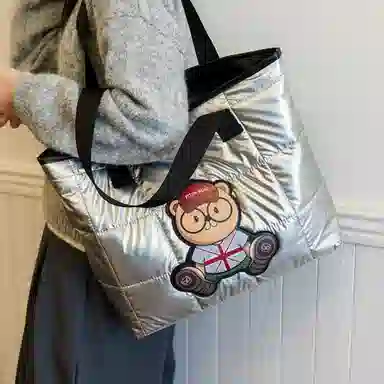 北包包 个性时尚洋气棉服包轻便托特包 尼龙布 单肩包 常规 女款 银色/黑色