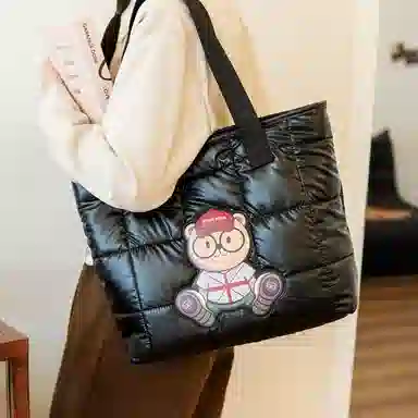 北包包 个性时尚洋气棉服包轻便托特包 尼龙布 单肩包 常规 女款 银色/黑色