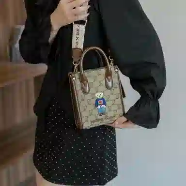 北包包 时尚百搭可爱小熊刺绣复古手提包 帆布 帆布包手机包 常规 女款 米白色/卡其色