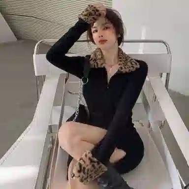 桴生 时尚美式豹纹收腰包臀裙尽显性感优雅长袖连衣裙 女款