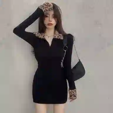桴生 时尚美式豹纹收腰包臀裙尽显性感优雅长袖连衣裙 女款