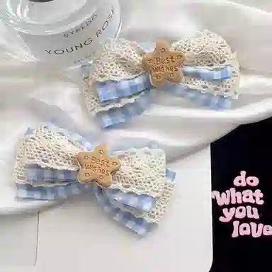 色菲尔 蕾丝蝴蝶结 纯手工蓝色米白色蕾丝蝴蝶结韩版气质刘海边夹半扎后脑勺马尾夹 布艺 发夹 女款