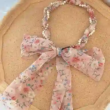 色菲尔 碎花珍珠   法式油画风碎花长条飘带编发绑发一体度假风飘带 布艺 发带 女款