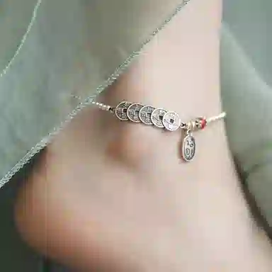 【步步生财】 色菲尔 新中式国潮国风复古五帝钱本命年招财首饰品#好运 合金 脚链 女款