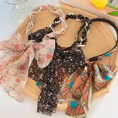 色菲尔 碎花珍珠   法式油画风碎花长条飘带编发绑发一体度假风飘带 布艺 发带 女款