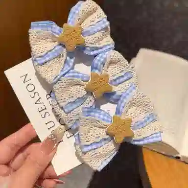 色菲尔 蕾丝蝴蝶结 纯手工蓝色米白色蕾丝蝴蝶结韩版气质刘海边夹半扎后脑勺马尾夹 布艺 发夹 女款