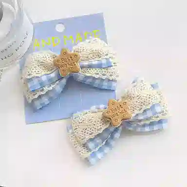 色菲尔 蕾丝蝴蝶结 纯手工蓝色米白色蕾丝蝴蝶结韩版气质刘海边夹半扎后脑勺马尾夹 布艺 发夹 女款