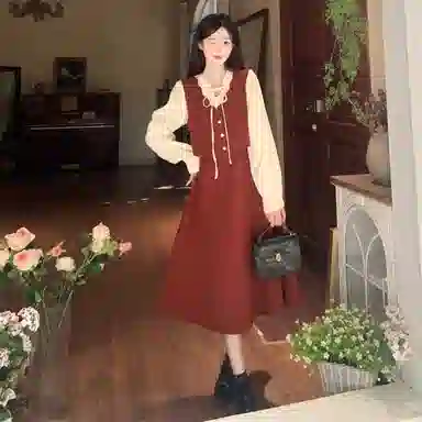 柏黛妃 法式中长款系带拼接假两件长袖连衣裙 女款