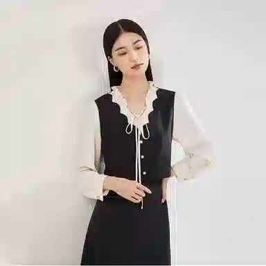 柏黛妃 法式中长款系带拼接假两件长袖连衣裙 女款