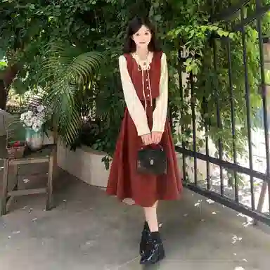 柏黛妃 法式中长款系带拼接假两件长袖连衣裙 女款