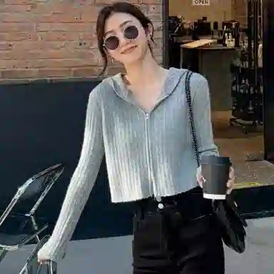 柏黛妃 韩系连帽拉链双头开衫针织衫 女款