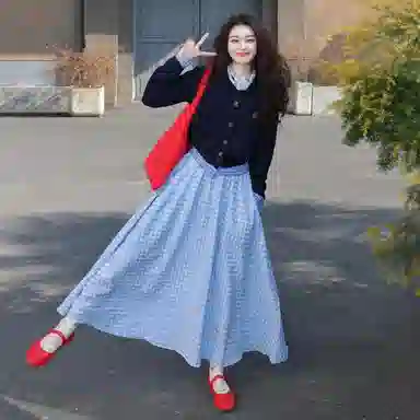 柏黛妃 格子合身高腰圆领适中长袖裙装套装 女款