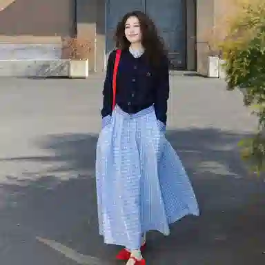 柏黛妃 格子合身高腰圆领适中长袖裙装套装 女款