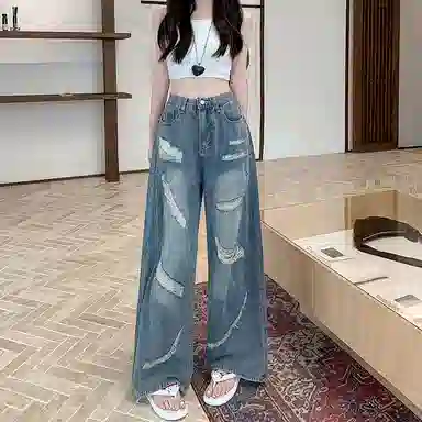 柏黛妃 破洞设计感蕾丝拼接阔腿牛仔裤 女款