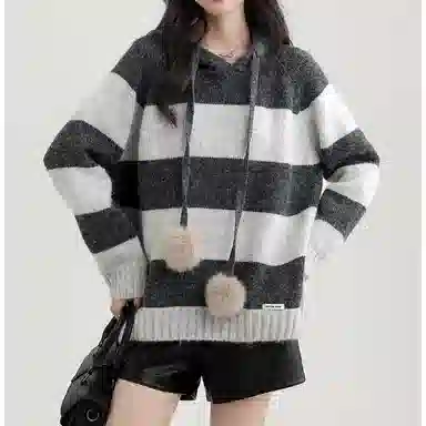 柏黛妃 条纹连帽套头宽松慵懒风针织衫 女款