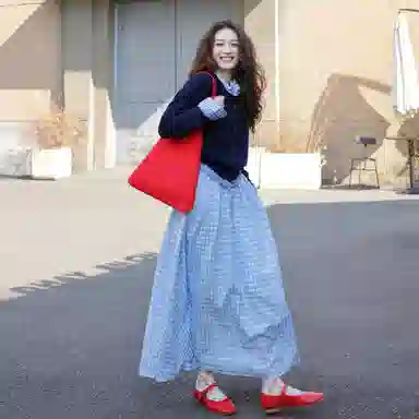 柏黛妃 格子合身高腰圆领适中长袖裙装套装 女款