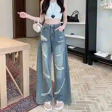 柏黛妃 破洞设计感蕾丝拼接阔腿牛仔裤 女款