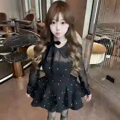 柏黛妃 钉钻缎面拼接雪纺蓬蓬长袖连衣裙 女款