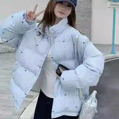 柏黛妃 条纹宽松立领长袖棉服 女款