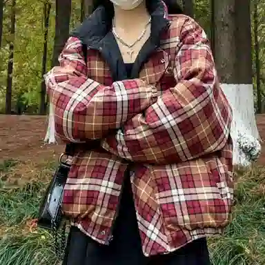 柏黛妃 学院风复古格子设计感小众棉服 女款