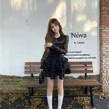 柏黛妃 钉钻缎面拼接雪纺蓬蓬长袖连衣裙 女款