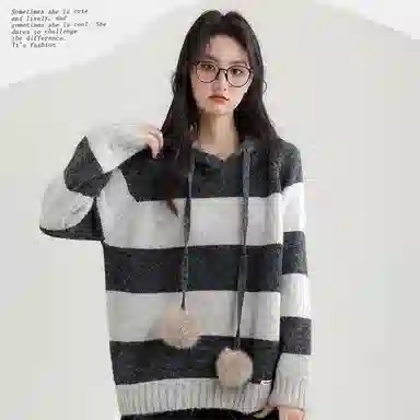 柏黛妃 条纹连帽套头宽松慵懒风针织衫 女款