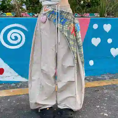 柏黛妃 塔丝隆加屁帘辣妹宽松高腰拼接伞兵裤工装裤 女款