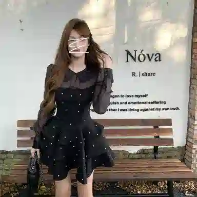 柏黛妃 钉钻缎面拼接雪纺蓬蓬长袖连衣裙 女款