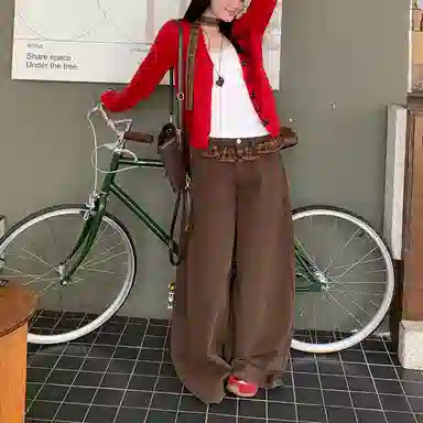 柏黛妃 美拉德双腰头蝴蝶女设计感直筒宽松牛仔裤 女款