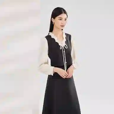 柏黛妃 法式中长款系带拼接假两件长袖连衣裙 女款