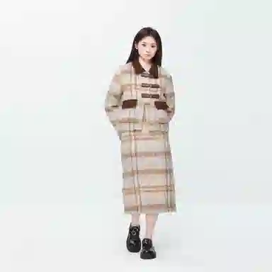 九条喵 毛呢学院长袖格纹外套中长裙裙装套装 女款 卡其色