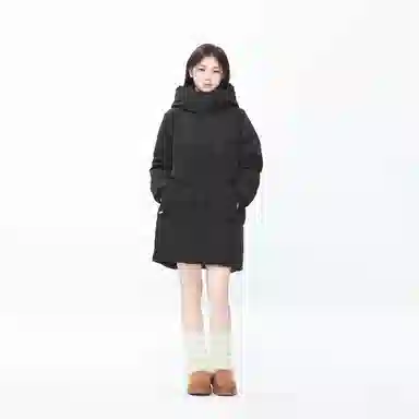 九条喵 加厚连帽收腰中长款羽绒服 女款 黑色
