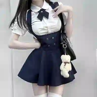 九条喵 娃娃领短袖上衣中腰连衣裙裙装套装 女款